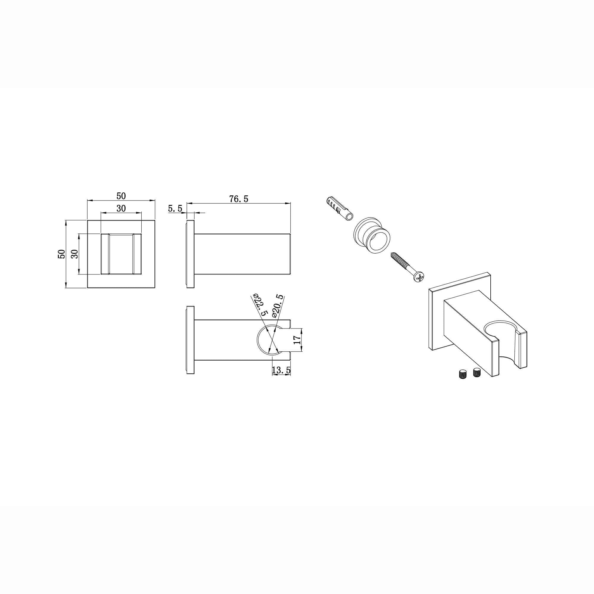 Square wall bracket for shower heads solid brass - matt black