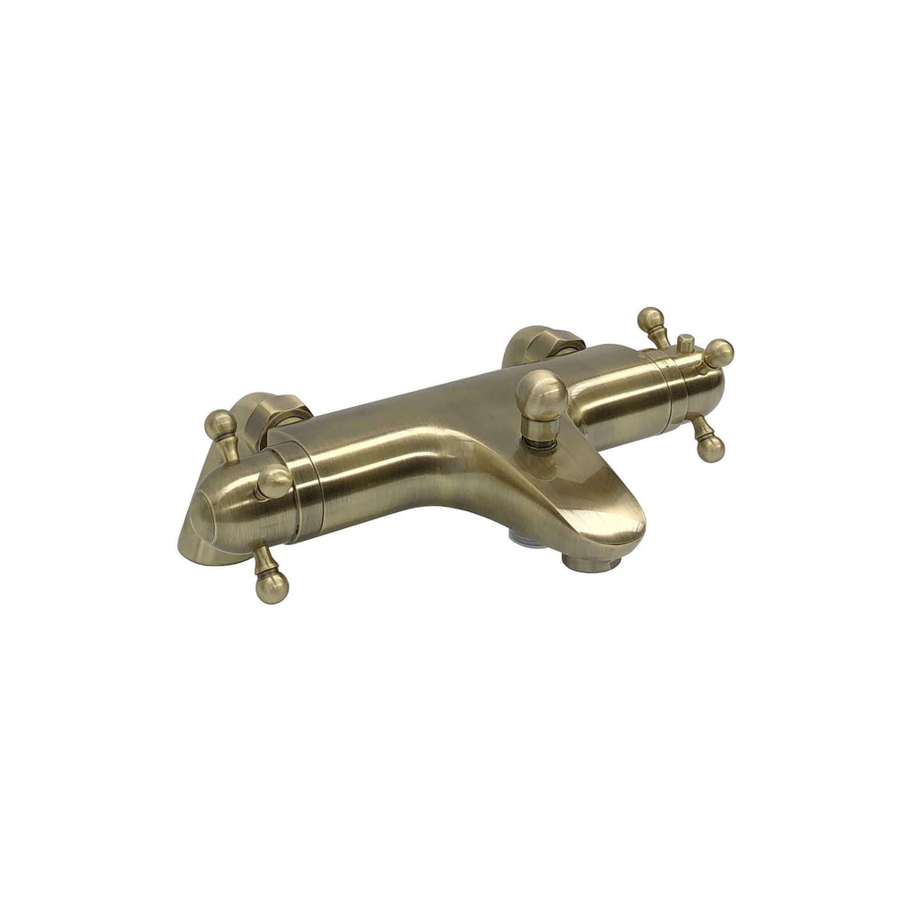 Gallant thermostatic bath shower bar mixer valve deck mounted with dual rigid riser kit, overhead rain shower and handheld - antique brass