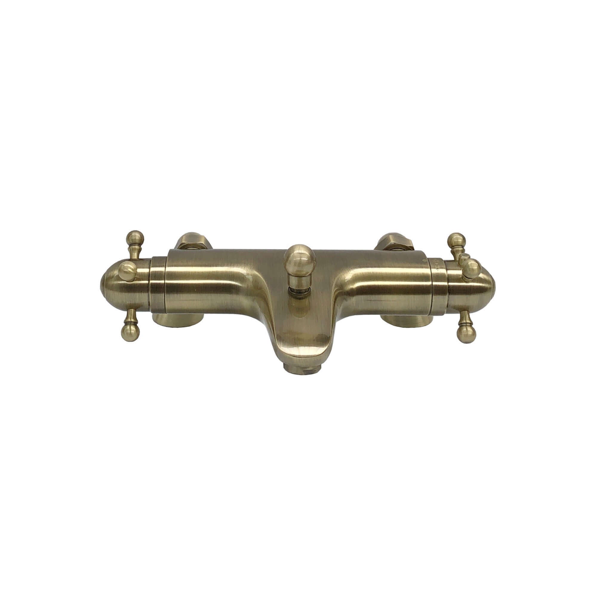 Gallant thermostatic bath shower bar mixer valve deck mounted with dual rigid riser kit, overhead rain shower and handheld - antique brass