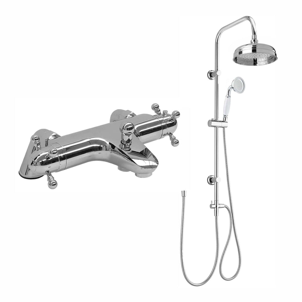 Gallant thermostatic bath shower bar mixer valve deck mounted with dual rigid riser kit, overhead rain shower and handheld - chrome