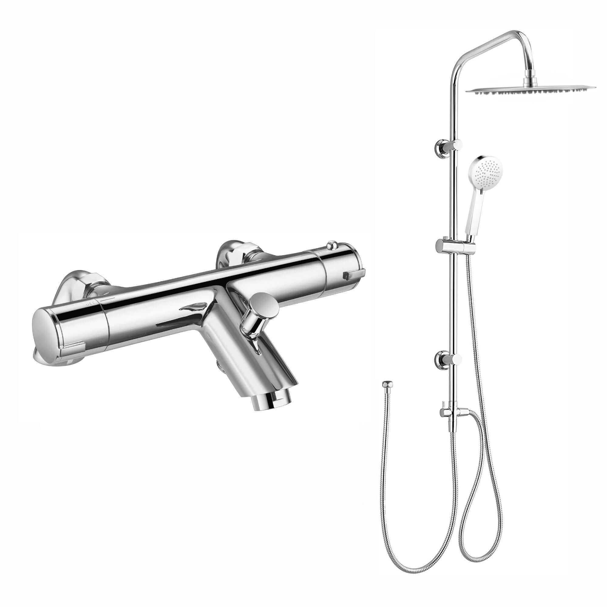 Dune thermostatic bar bath shower mixer valve with dual rigid riser kit, 300mm overhead rain shower and handheld - chrome