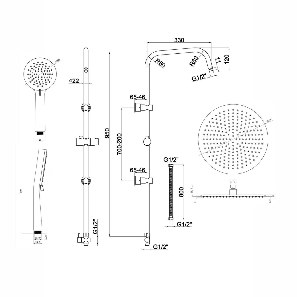 Dune thermostatic bar bath shower mixer valve with dual rigid riser kit, 300mm overhead rain shower and handheld - chrome