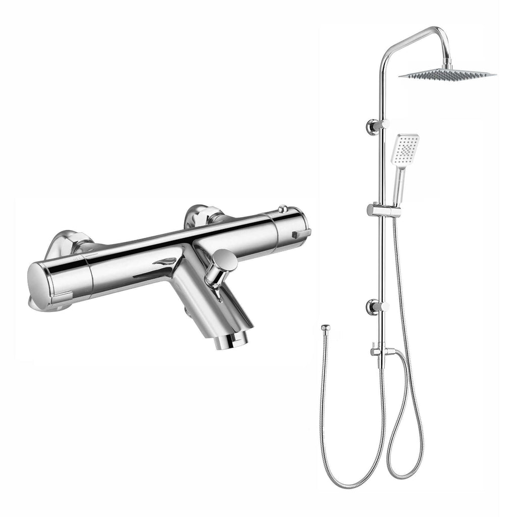 Dune thermostatic bar bath shower mixer valve with dual rigid riser kit, 200mm square overhead rain shower and handheld - chrome