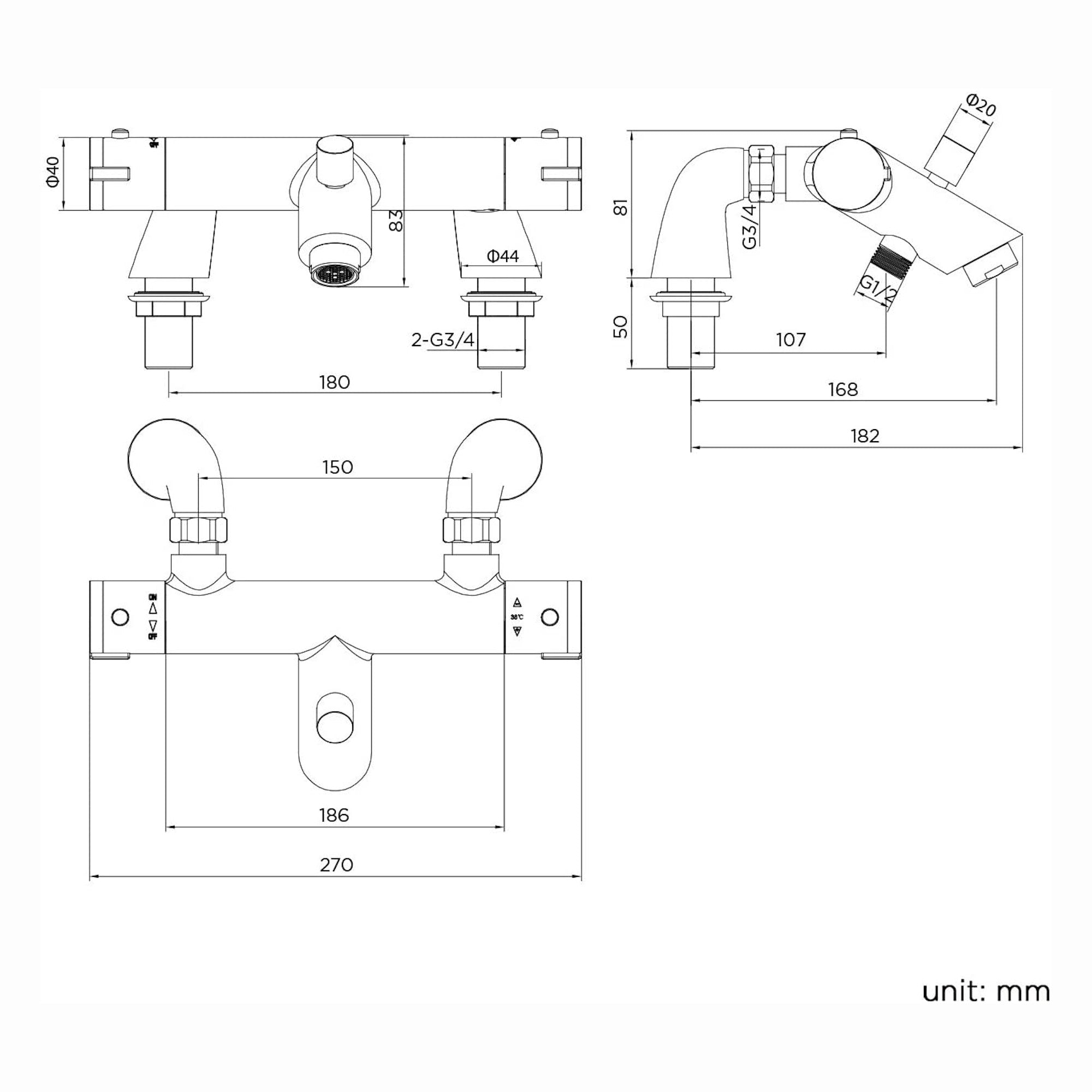 Dune contemporary thermostatic bar bath shower mixer valve 1/2" outlet deck-mount - matt black (no handset)