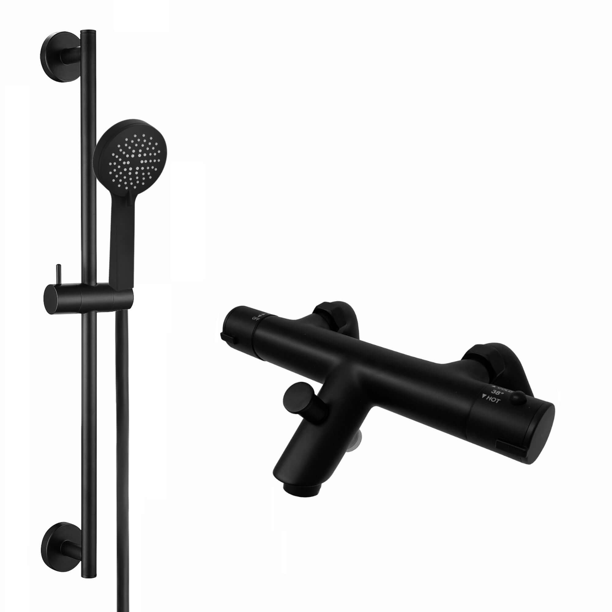 Dune modern thermostatic bath shower mixer tap deck mount with slider rail kit - matt black