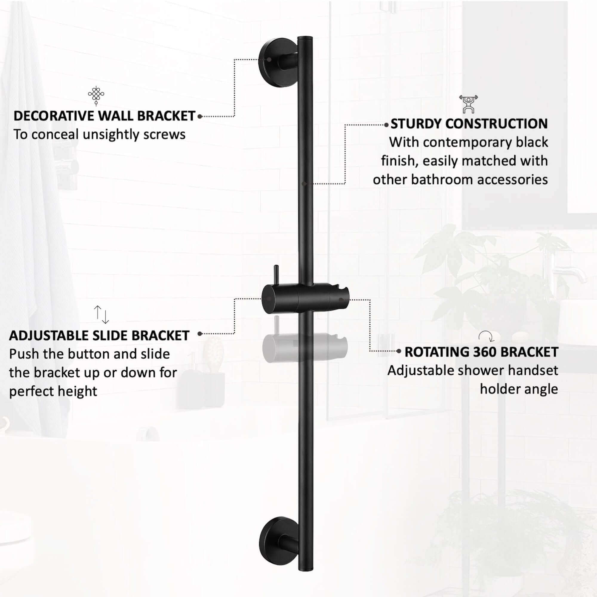 Dune modern thermostatic bath shower mixer tap deck mount with slider rail kit - matt black