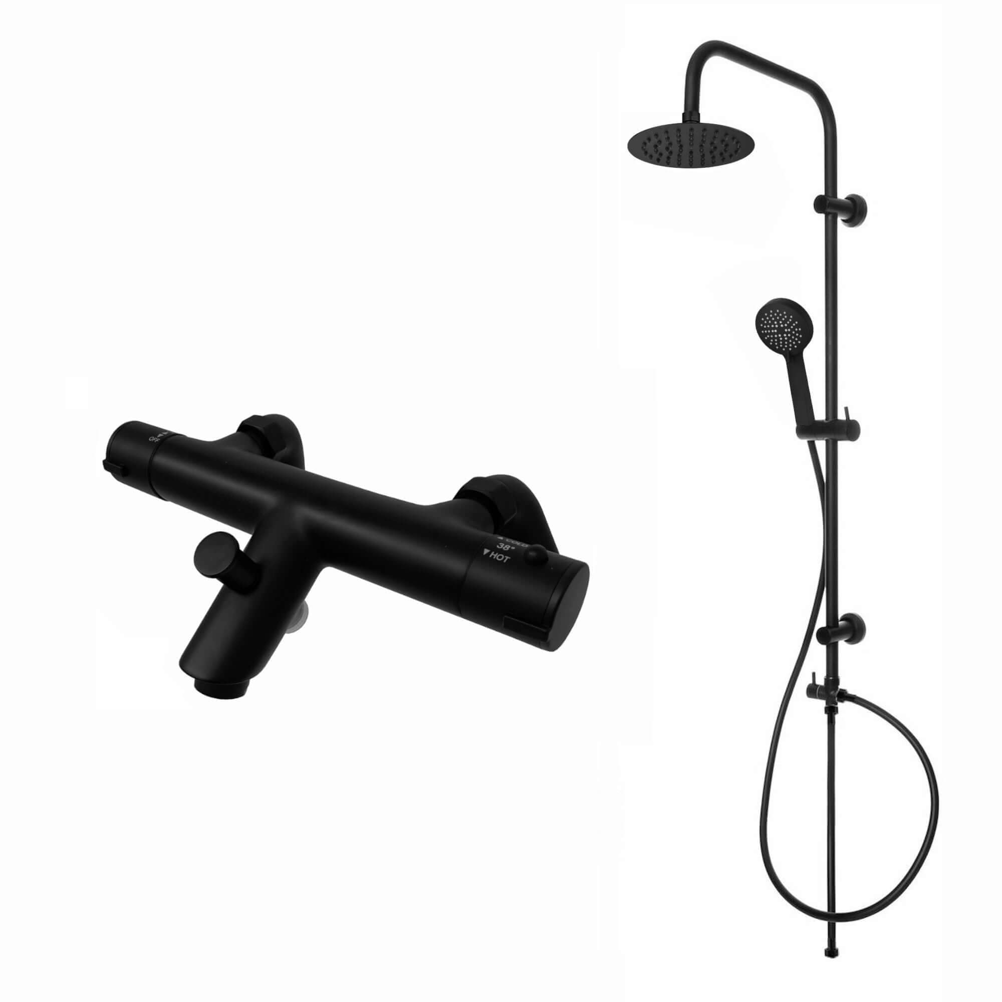 Dune thermostatic bar bath shower mixer valve with dual rigid riser kit, 200mm overhead rain shower and handheld - matt black