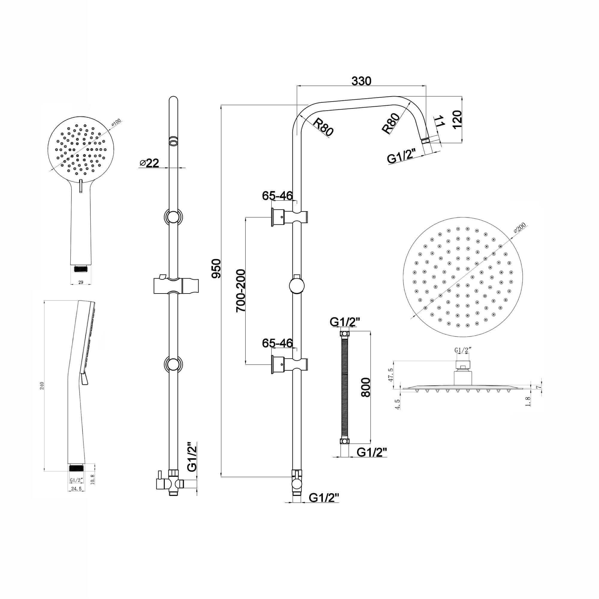 Dune thermostatic bar bath shower mixer valve with dual rigid riser kit, 200mm overhead rain shower and handheld - matt black