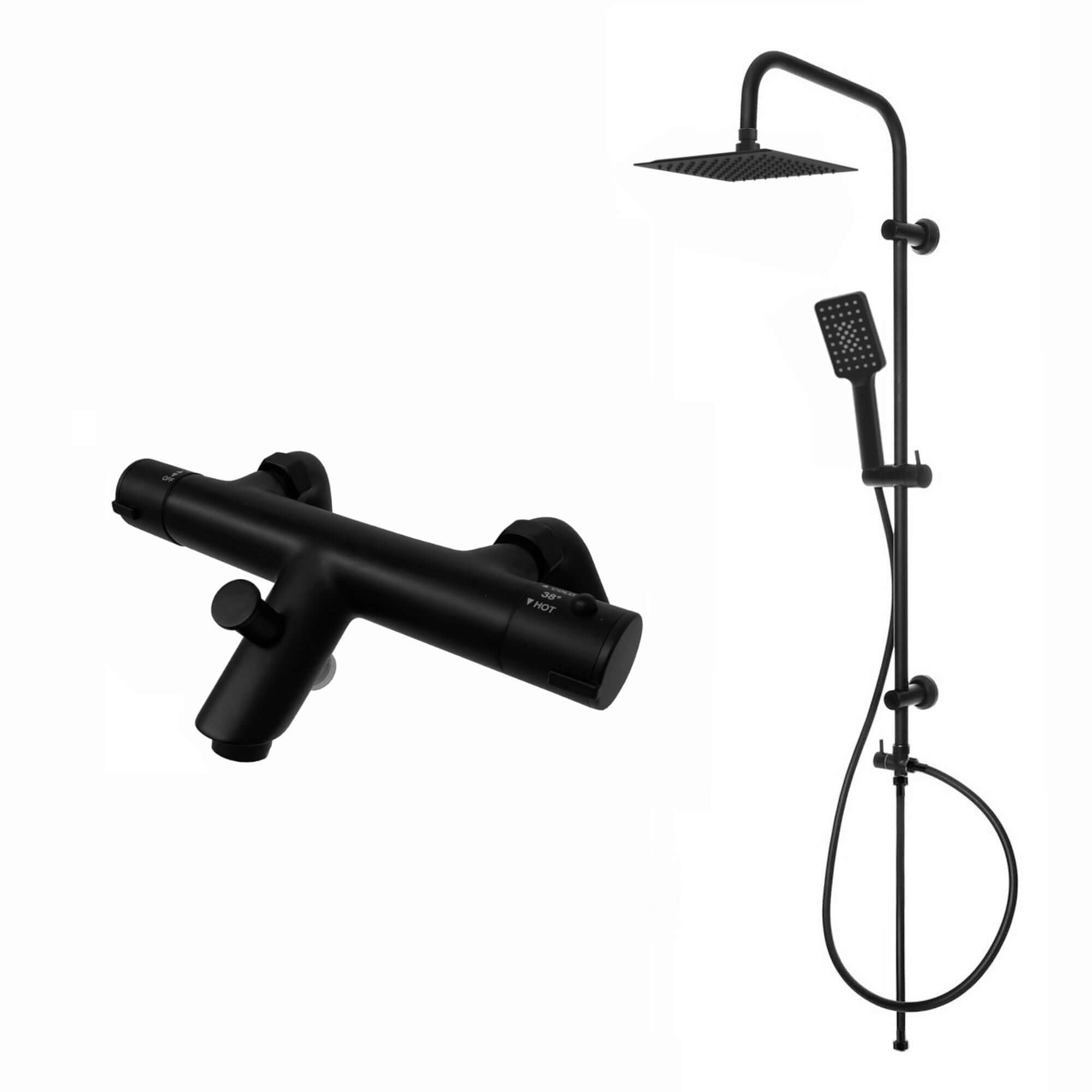 Dune thermostatic bar bath shower mixer valve with dual rigid riser kit, 200mm square overhead rain shower and handheld - matt black