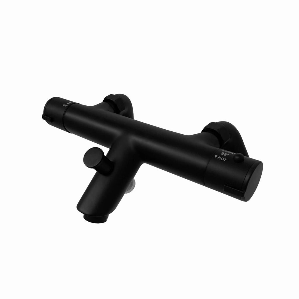 Dune thermostatic bar bath shower mixer valve with dual rigid riser kit, 200mm square overhead rain shower and handheld - matt black