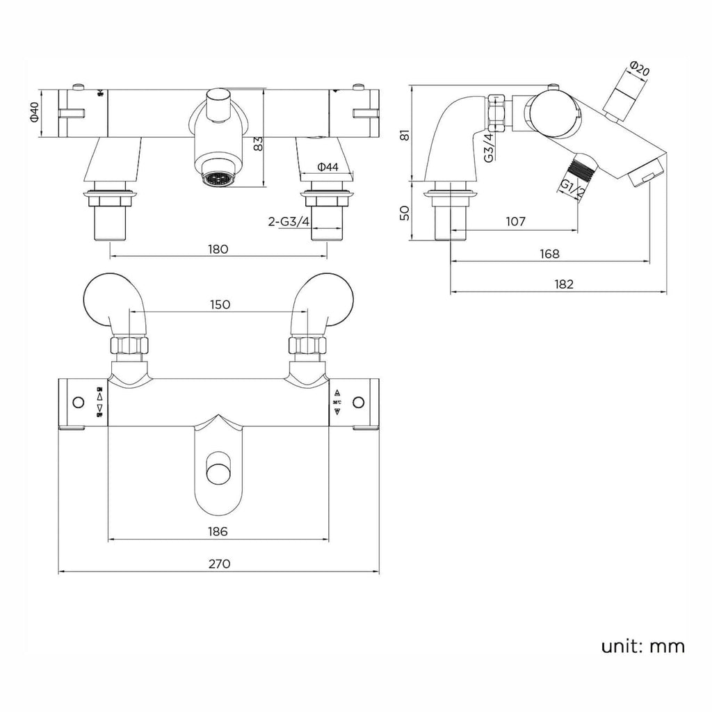 Dune thermostatic bar bath shower mixer valve with dual rigid riser kit, 200mm square overhead rain shower and handheld - matt black