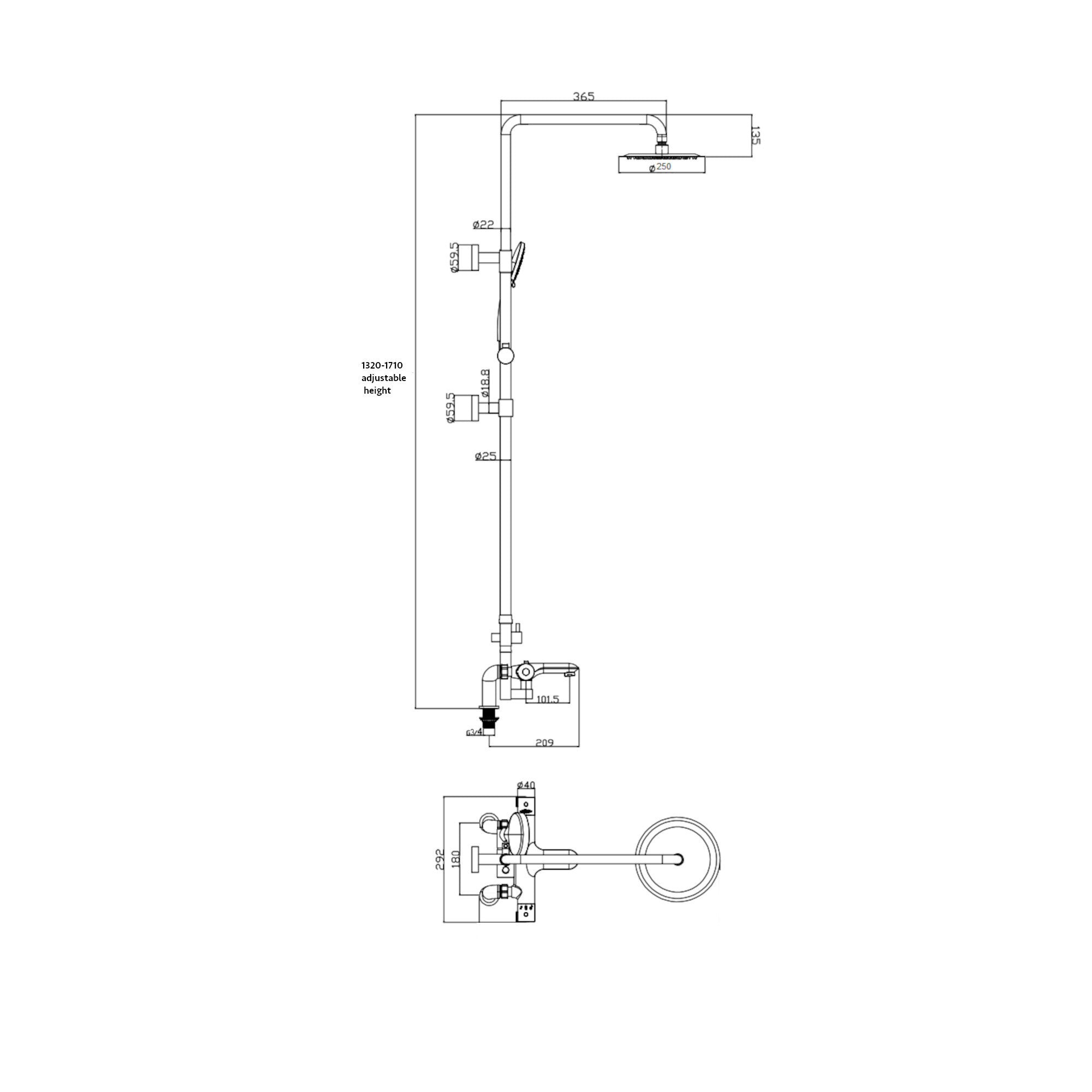 Cali thermostatic bar bath shower mixer valve with dual rigid riser kit, 200mm round overhead rain shower and handheld - chrome