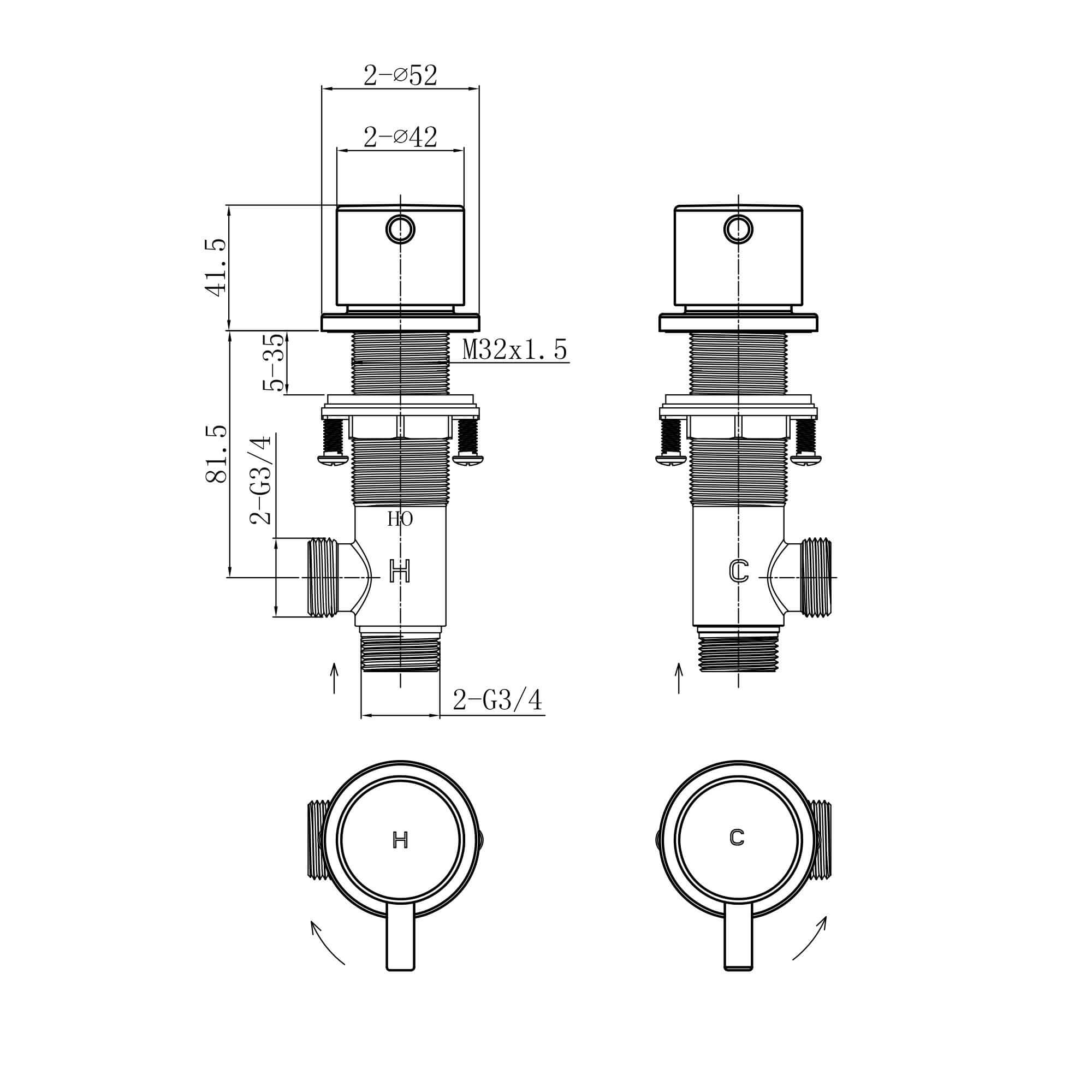 Round overflow bath filler with 3/4" deck bath side valves (pair) - brushed brass