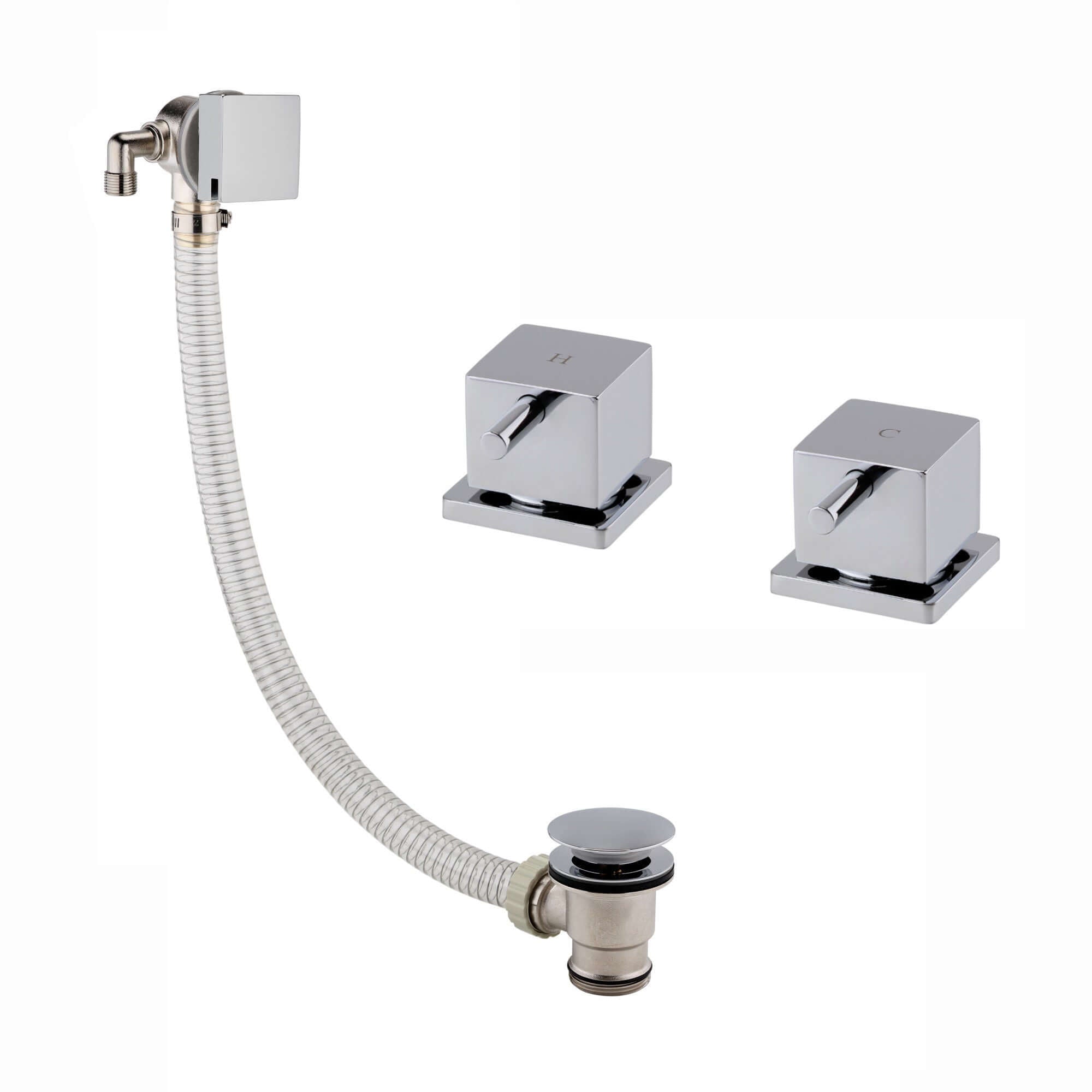 Square overflow bath filler with 3/4" deck bath side valves (pair) - chrome