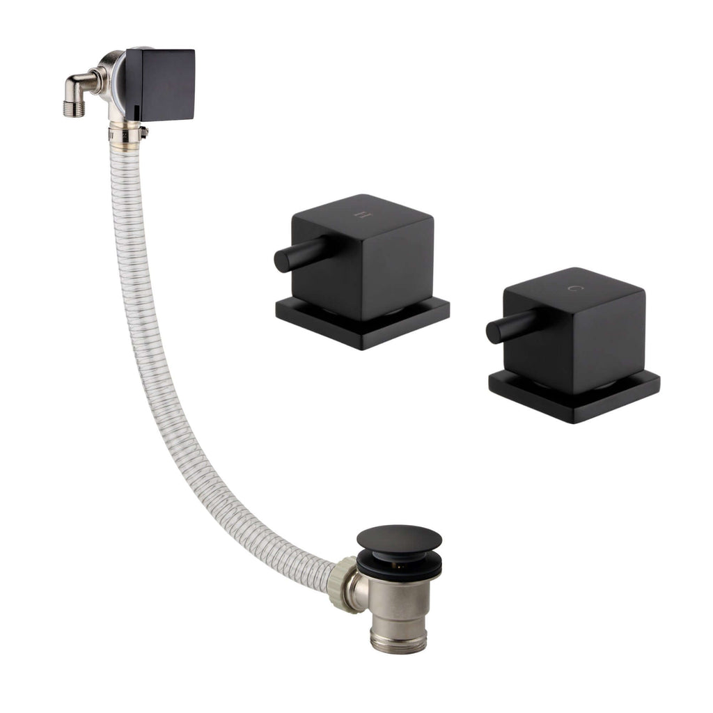 Square overflow bath filler with 3/4" deck bath side valves (pair) - matt black