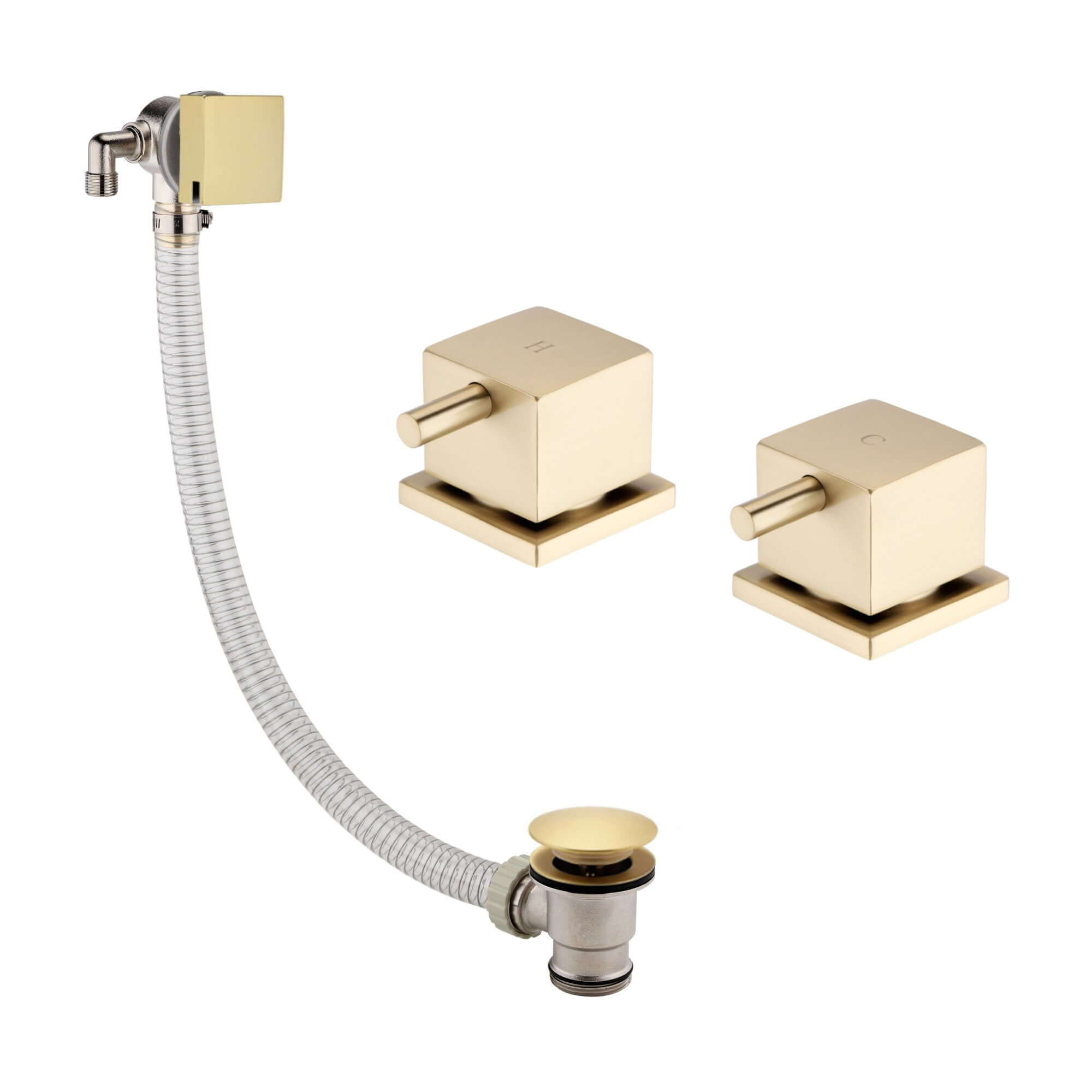 Square overflow bath filler with 3/4" deck bath side valves (pair) - brushed brass