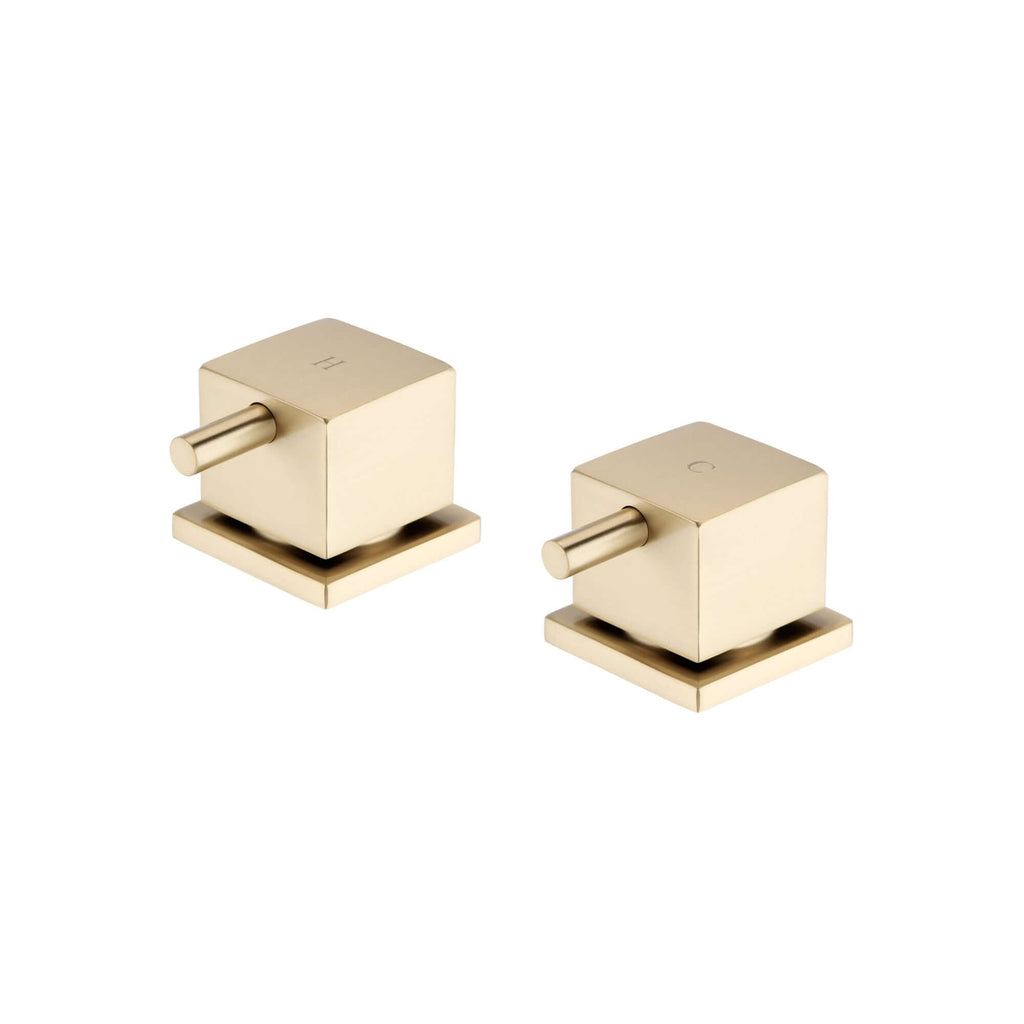 Square overflow bath filler with 3/4" deck bath side valves (pair) - brushed brass