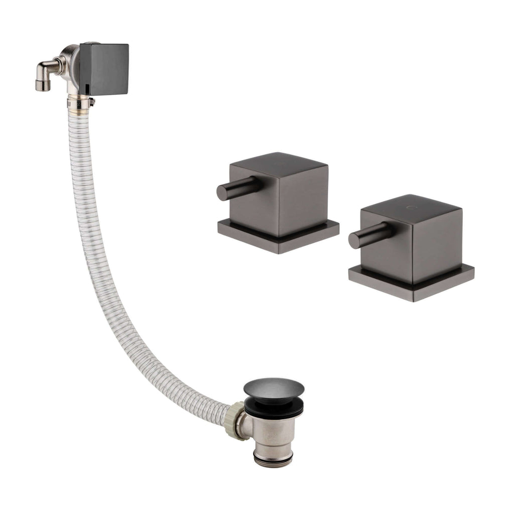 Square overflow bath filler with 3/4" deck bath side valves (pair) - gunmetal grey