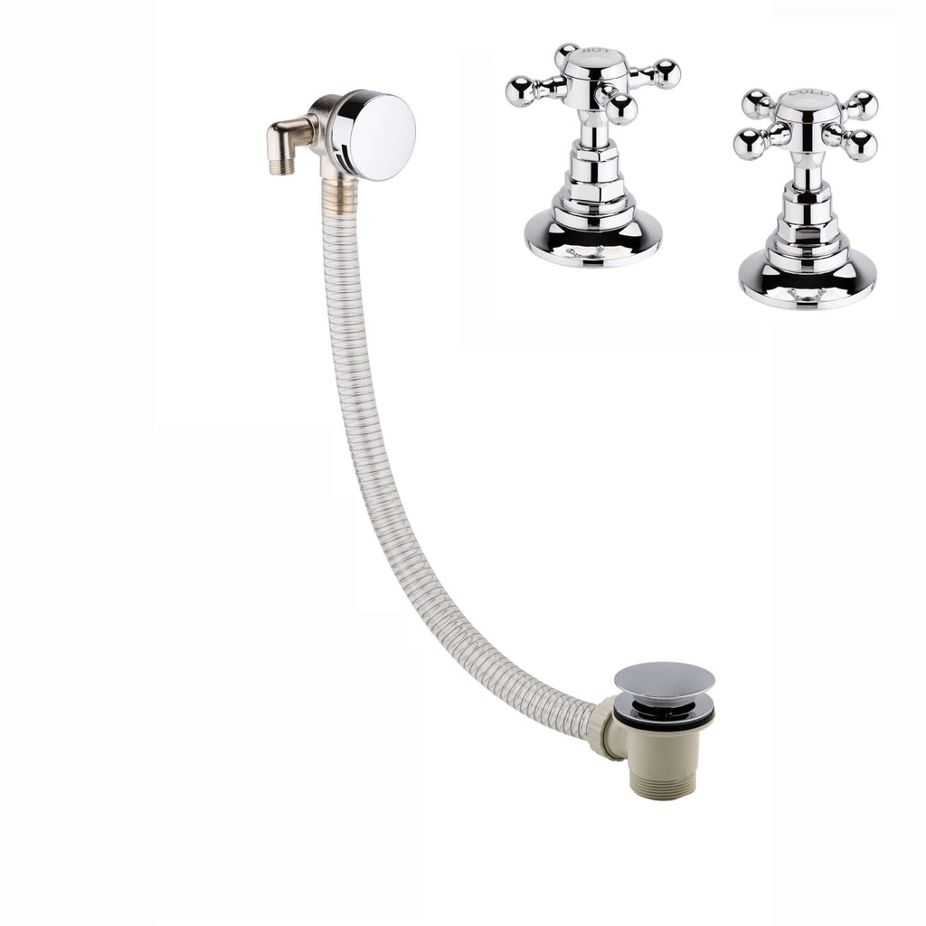 Traditional overflow bath filler with 3/4" deck bath side valves (pair) - chrome