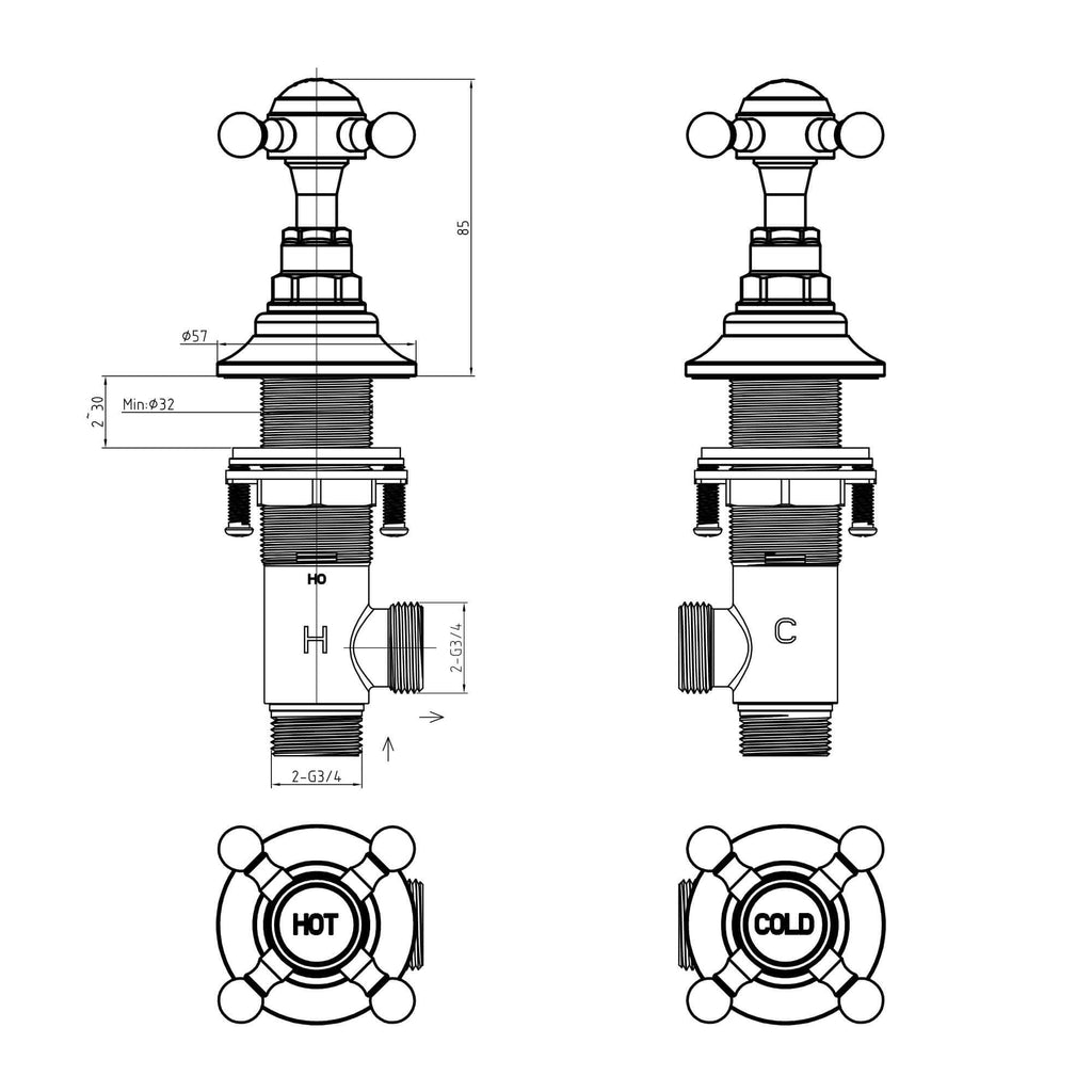Traditional overflow bath filler with 3/4" deck bath side valves (pair) - chrome