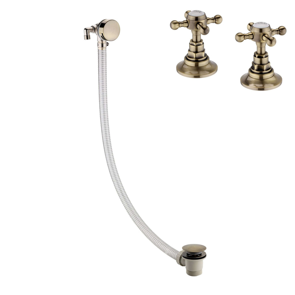 Traditional overflow bath filler with 3/4" deck bath side valves (pair) - antique brass