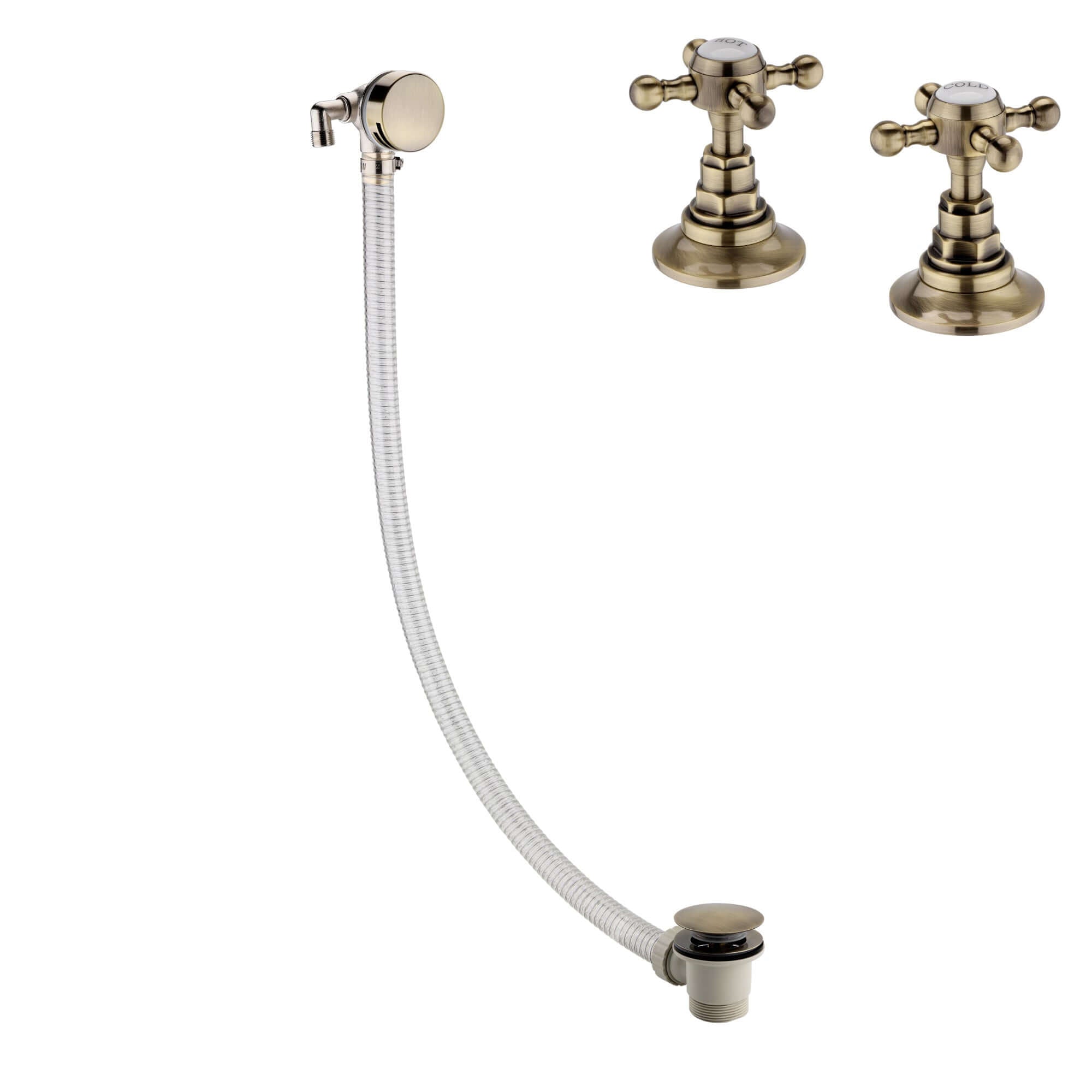 Traditional overflow bath filler with 3/4" deck bath side valves (pair) - antique brass