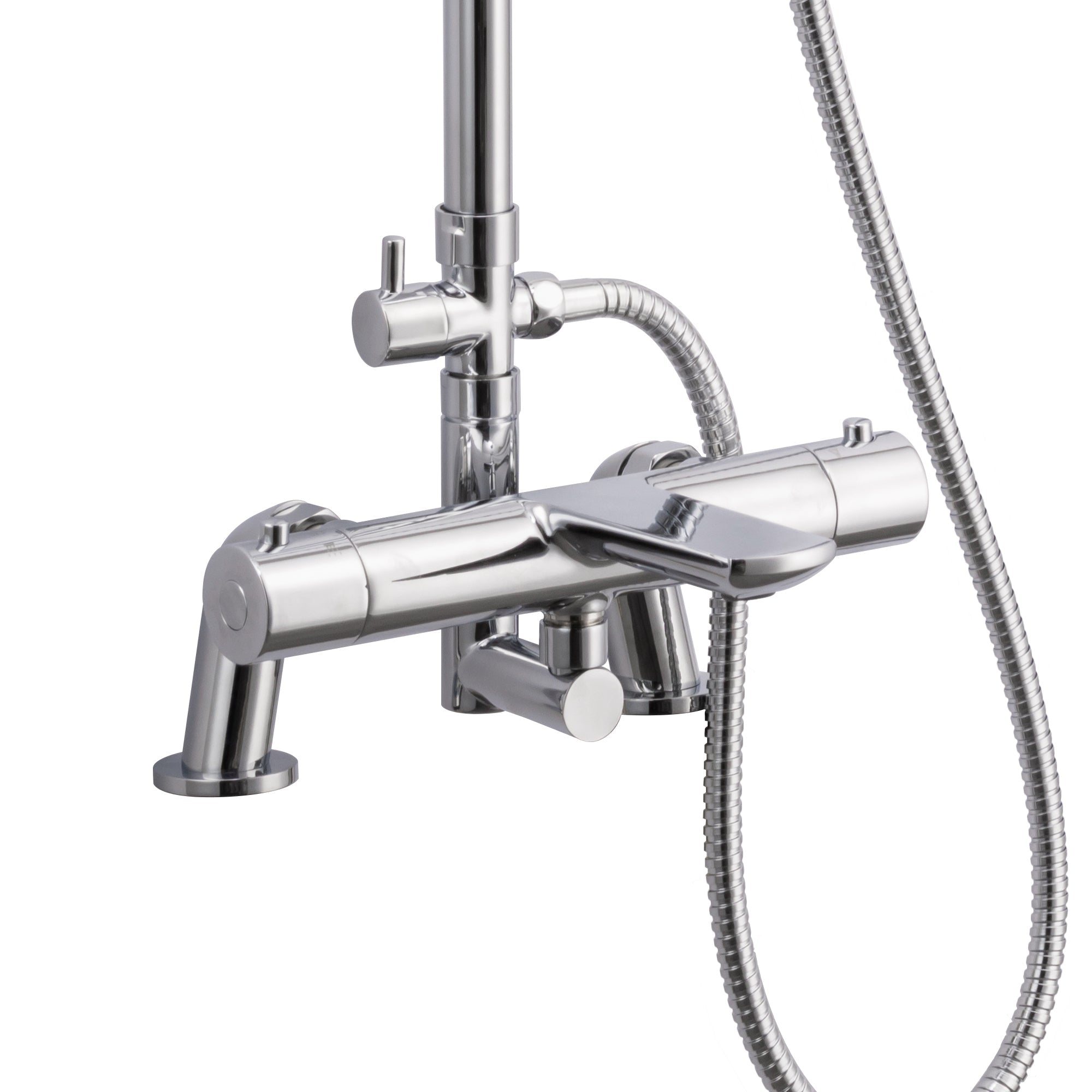 Harbour thermostatic bar bath shower mixer valve with dual rigid riser kit, 200mm round overhead rain shower and handheld - chrome