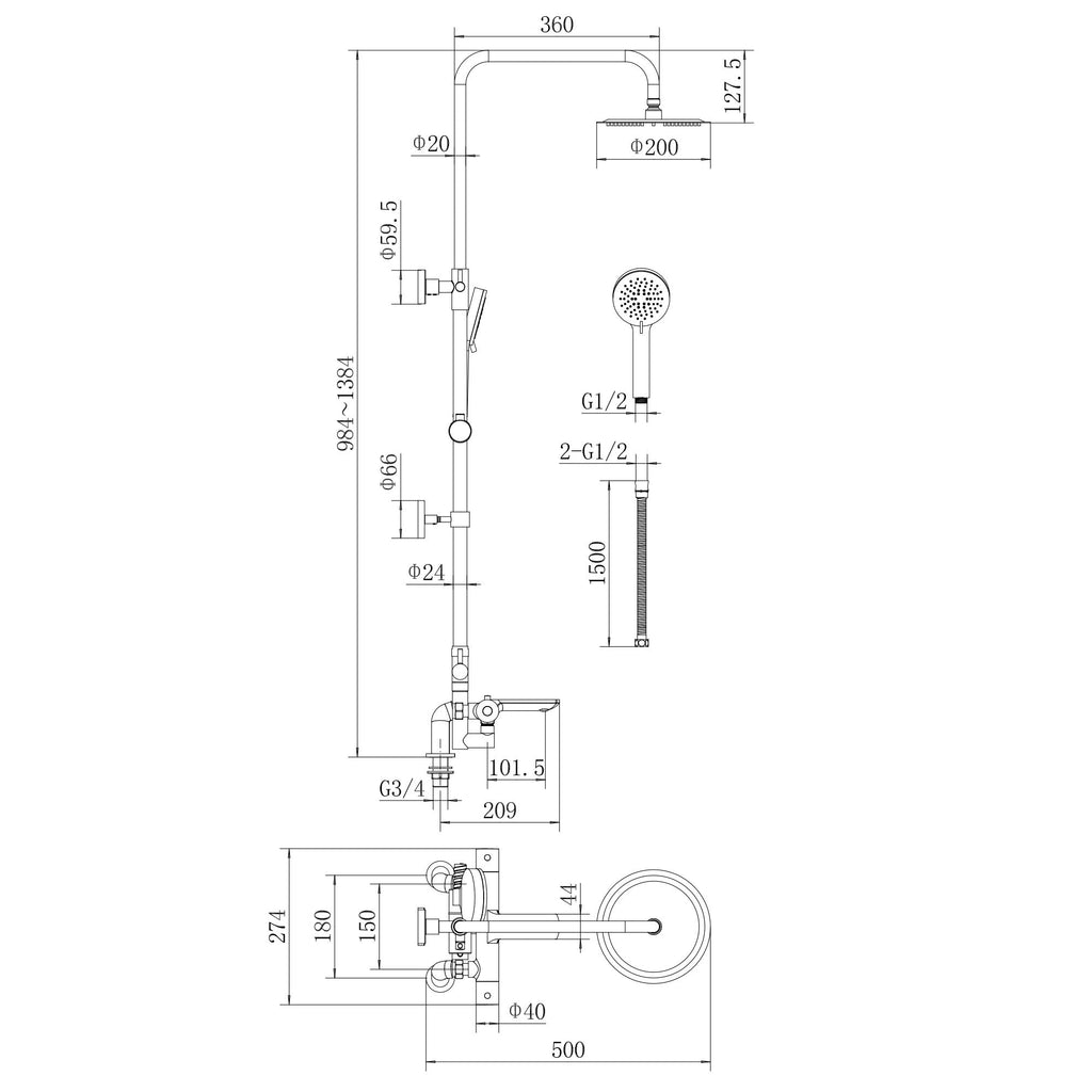 Harbour thermostatic bar bath shower mixer valve with dual rigid riser kit, 200mm round overhead rain shower and handheld - chrome