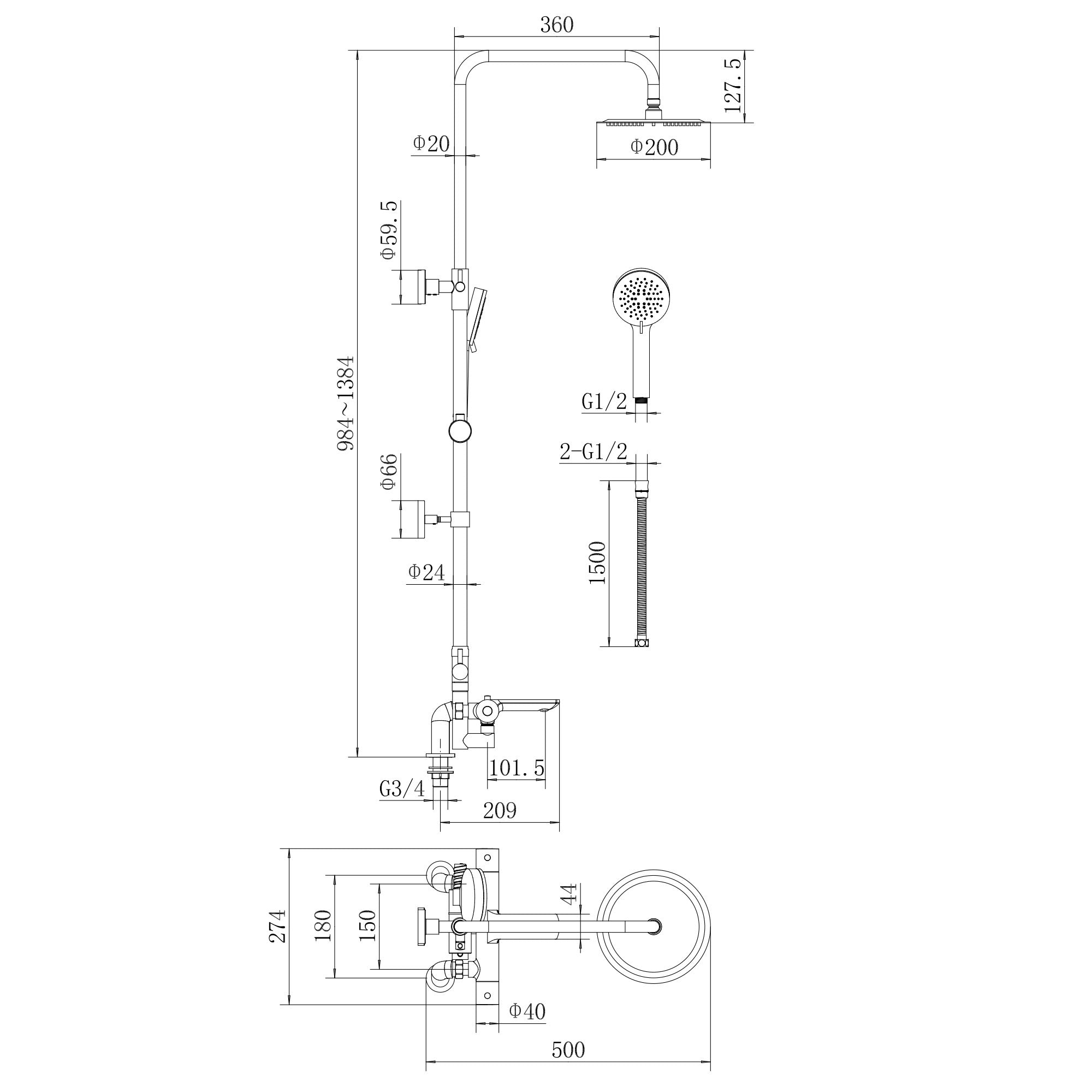 Harbour thermostatic bar bath shower mixer valve with dual rigid riser kit, 200mm round overhead rain shower and handheld - chrome