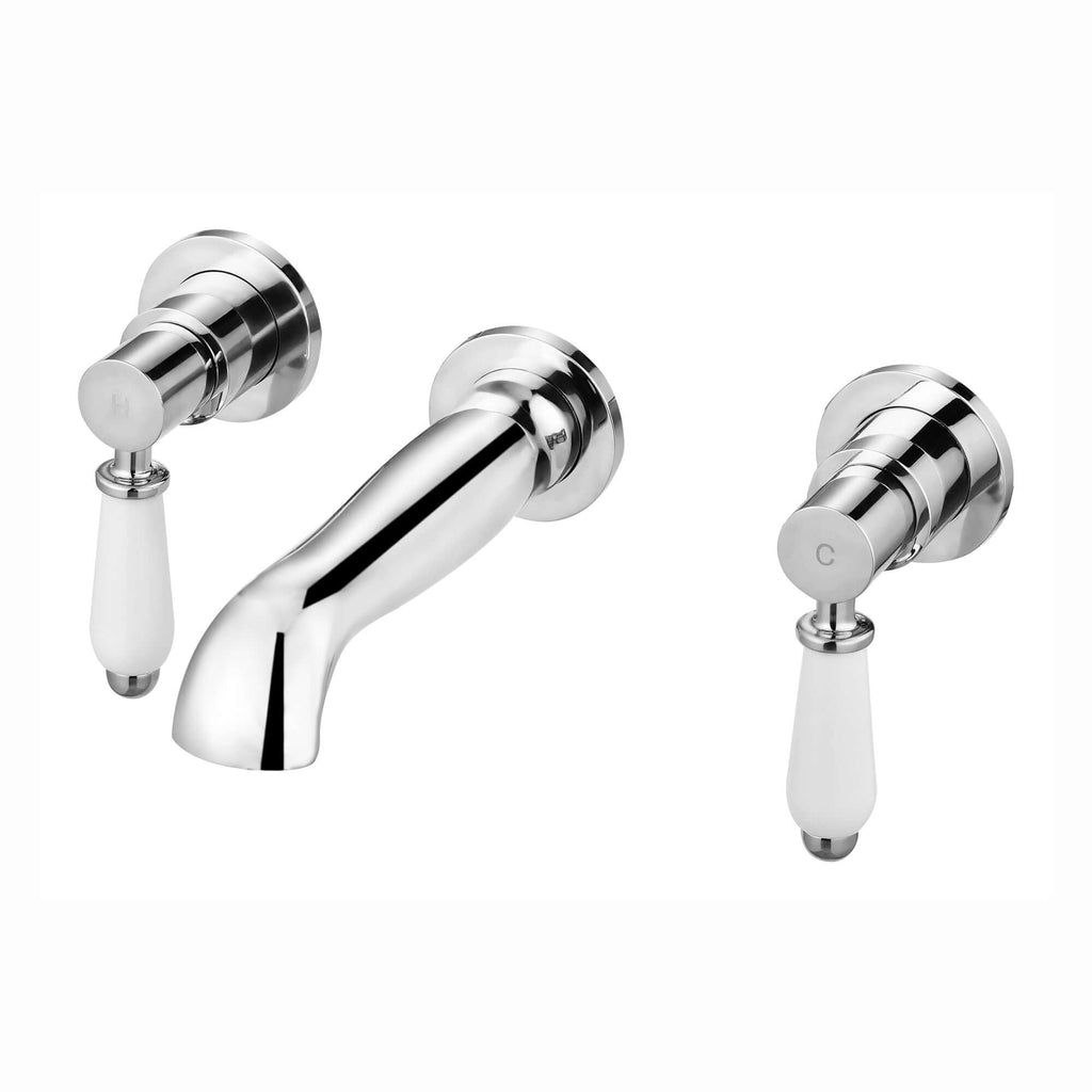 Downton wall-mount basin tap 3 hole with white ceramic levers - chrome