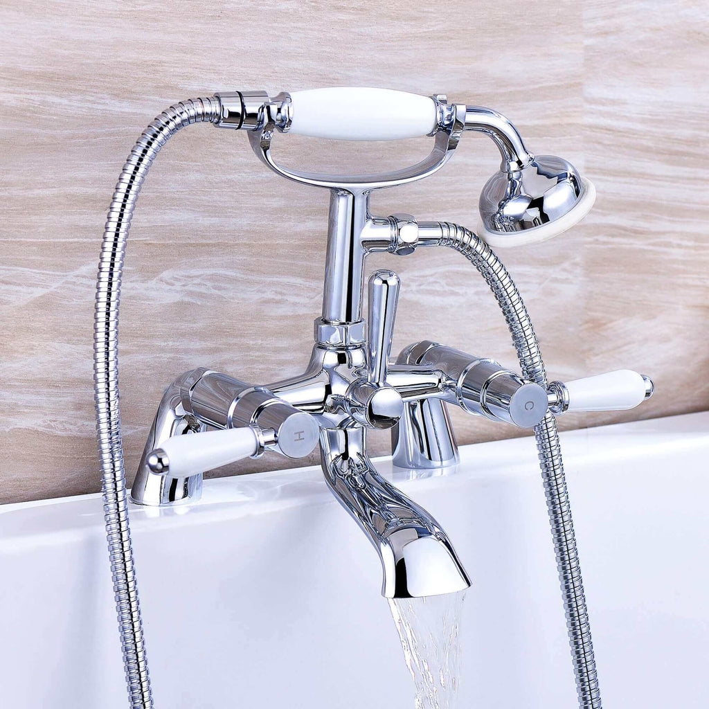 Downton bath shower mixer tap with white ceramic levers - chrome