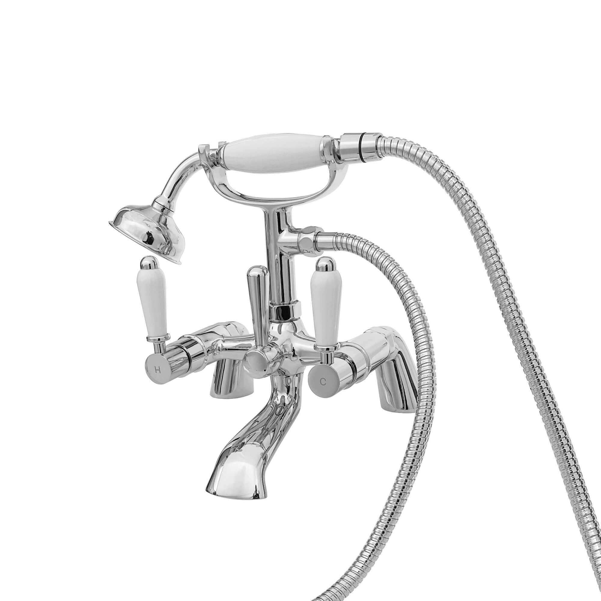 Downton bath shower mixer tap with white ceramic levers - chrome