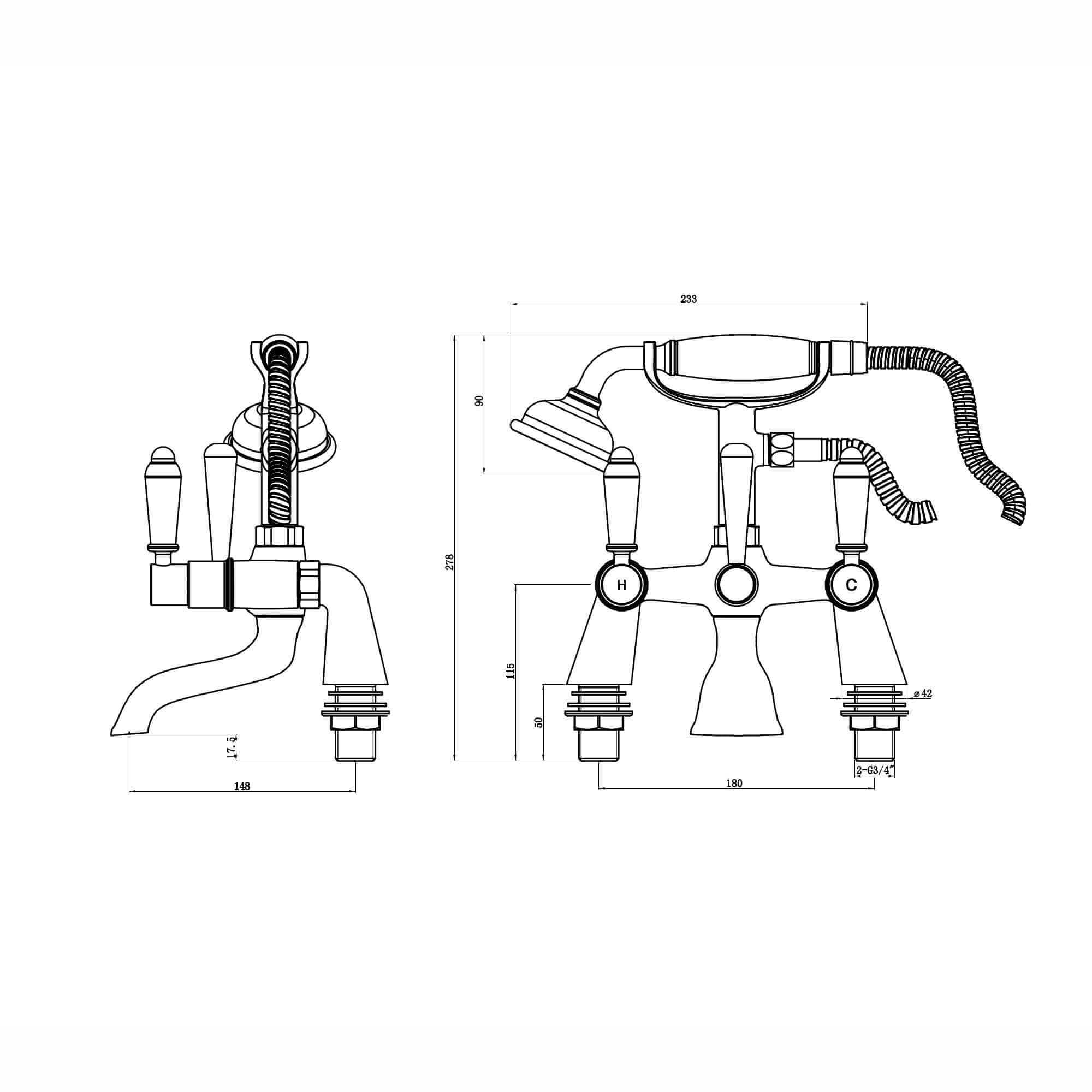 Downton bath shower mixer tap with white ceramic levers - chrome