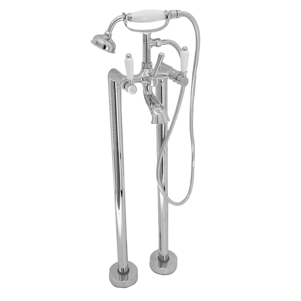 Downton floorstanding bath shower mixer tap with white ceramic levers - chrome