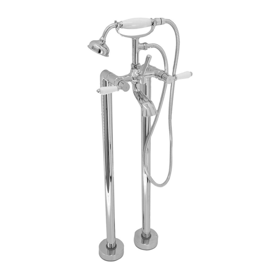 Downton floorstanding bath shower mixer tap with white ceramic levers - chrome