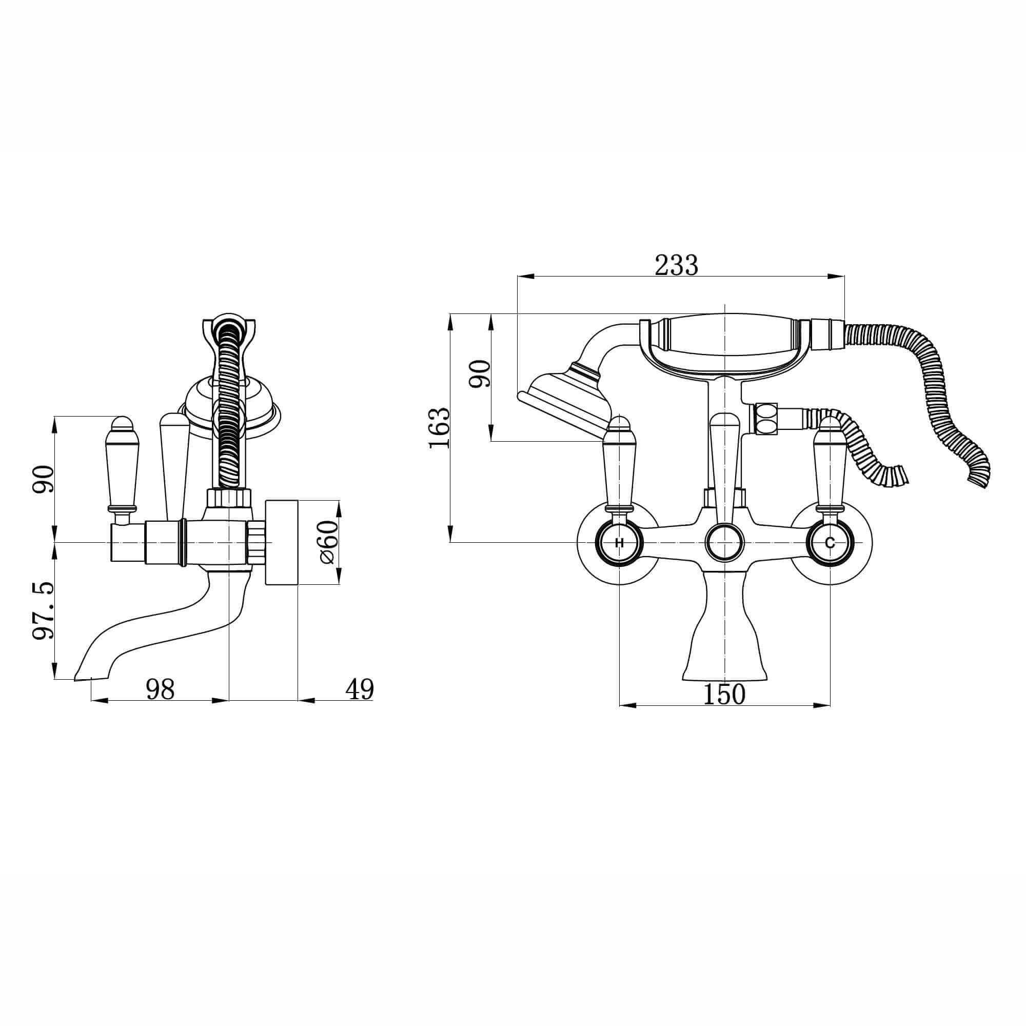 Downton wall mounted bath shower mixer tap with white ceramic levers - chrome