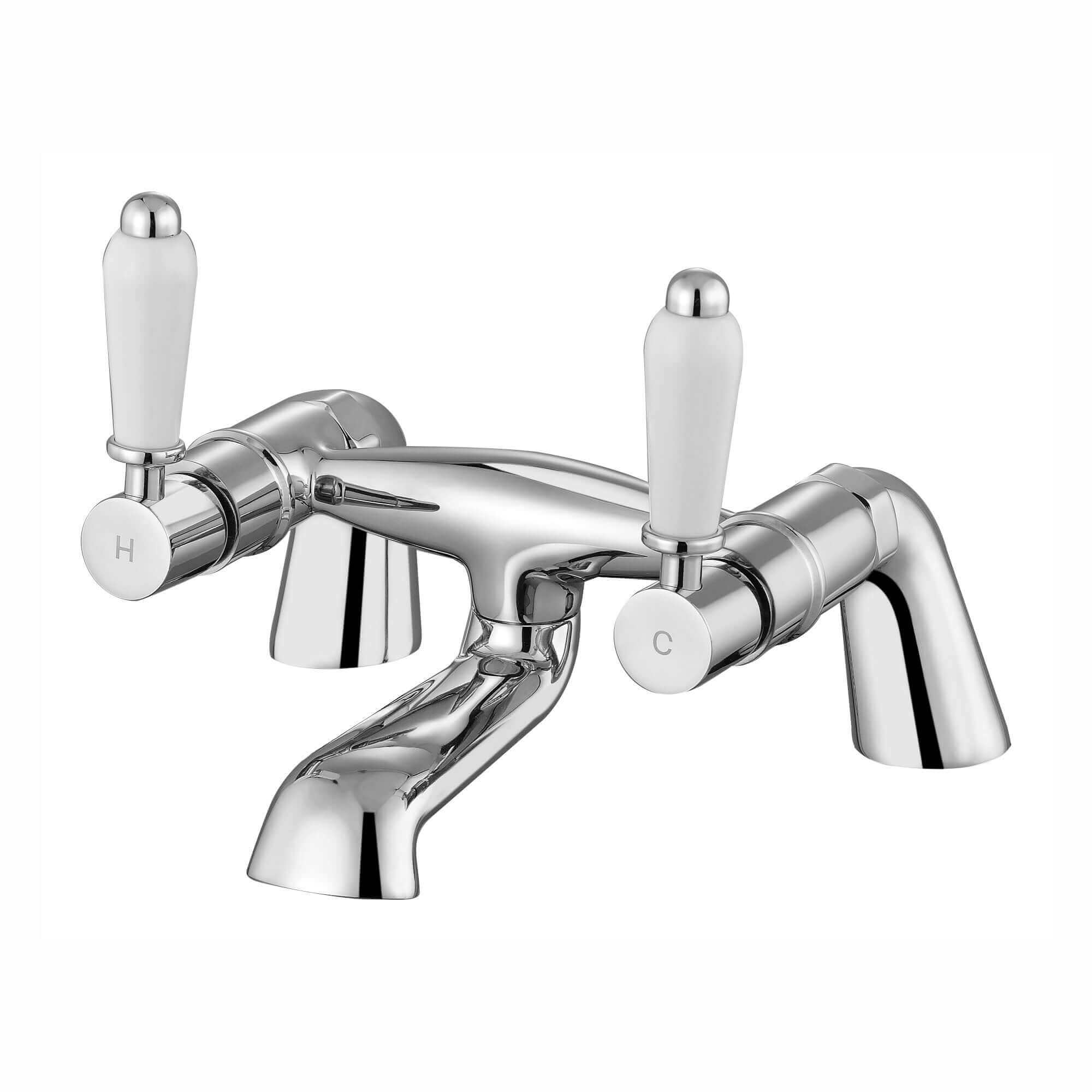Downton bath mixer tap with white ceramic levers - chrome