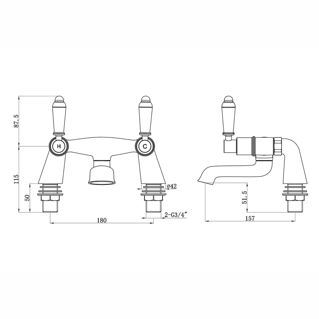 Downton bath mixer tap with white ceramic levers - chrome