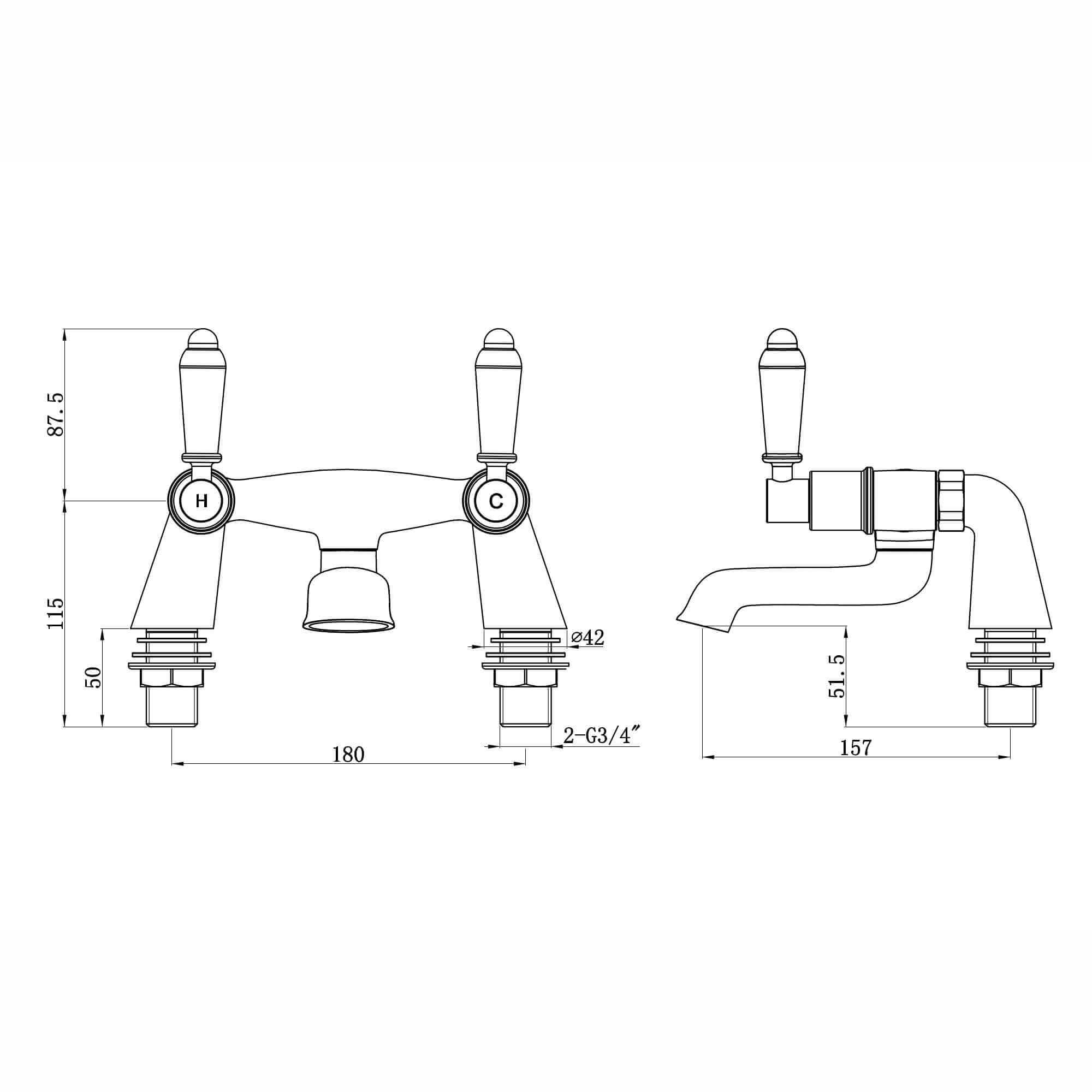 Downton bath mixer tap with white ceramic levers - chrome