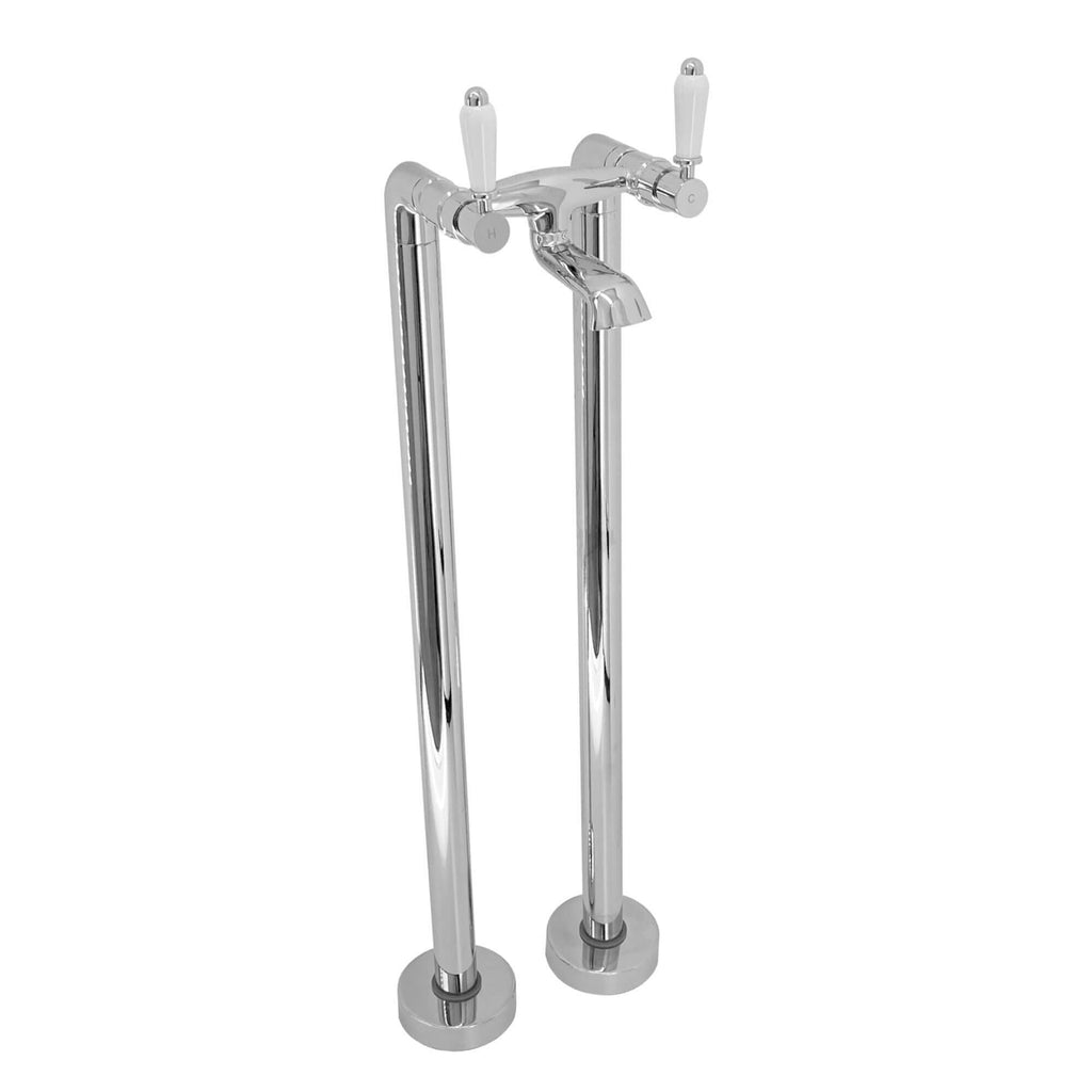 Downton floorstanding bath mixer tap with white ceramic levers - chrome