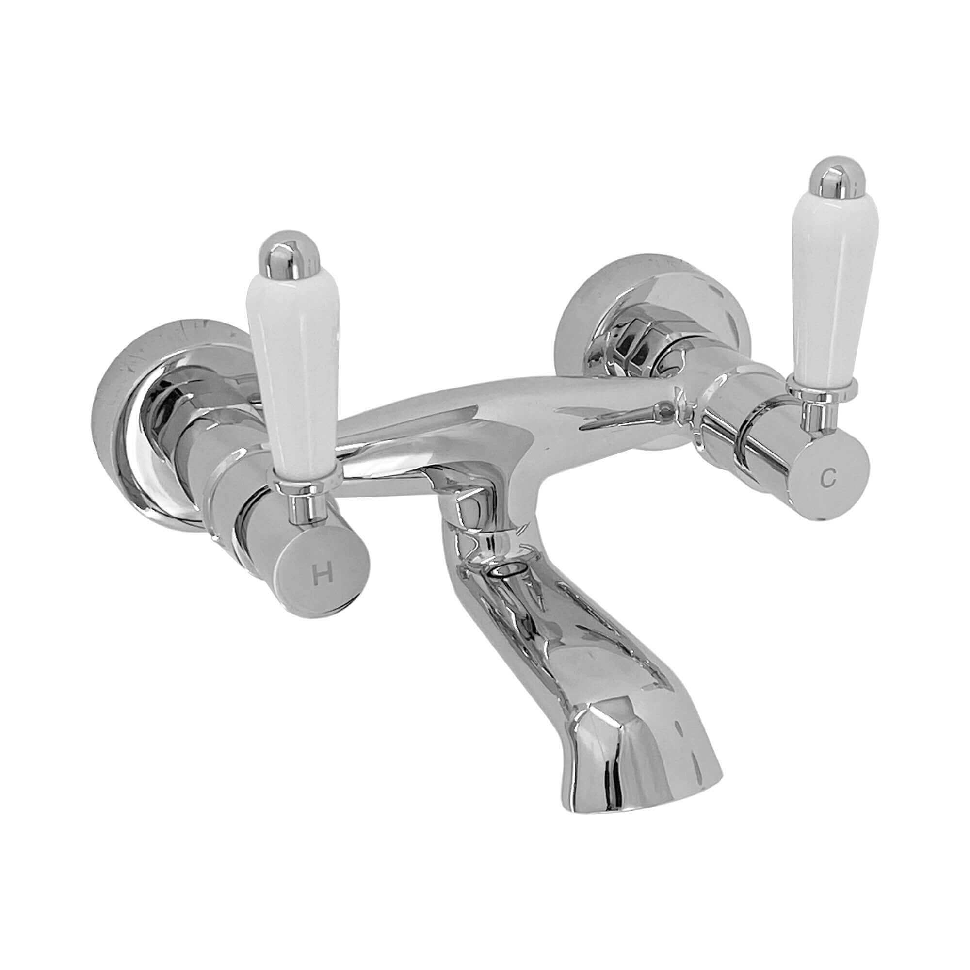 Downton wall mounted bath mixer tap with white ceramic levers - chrome