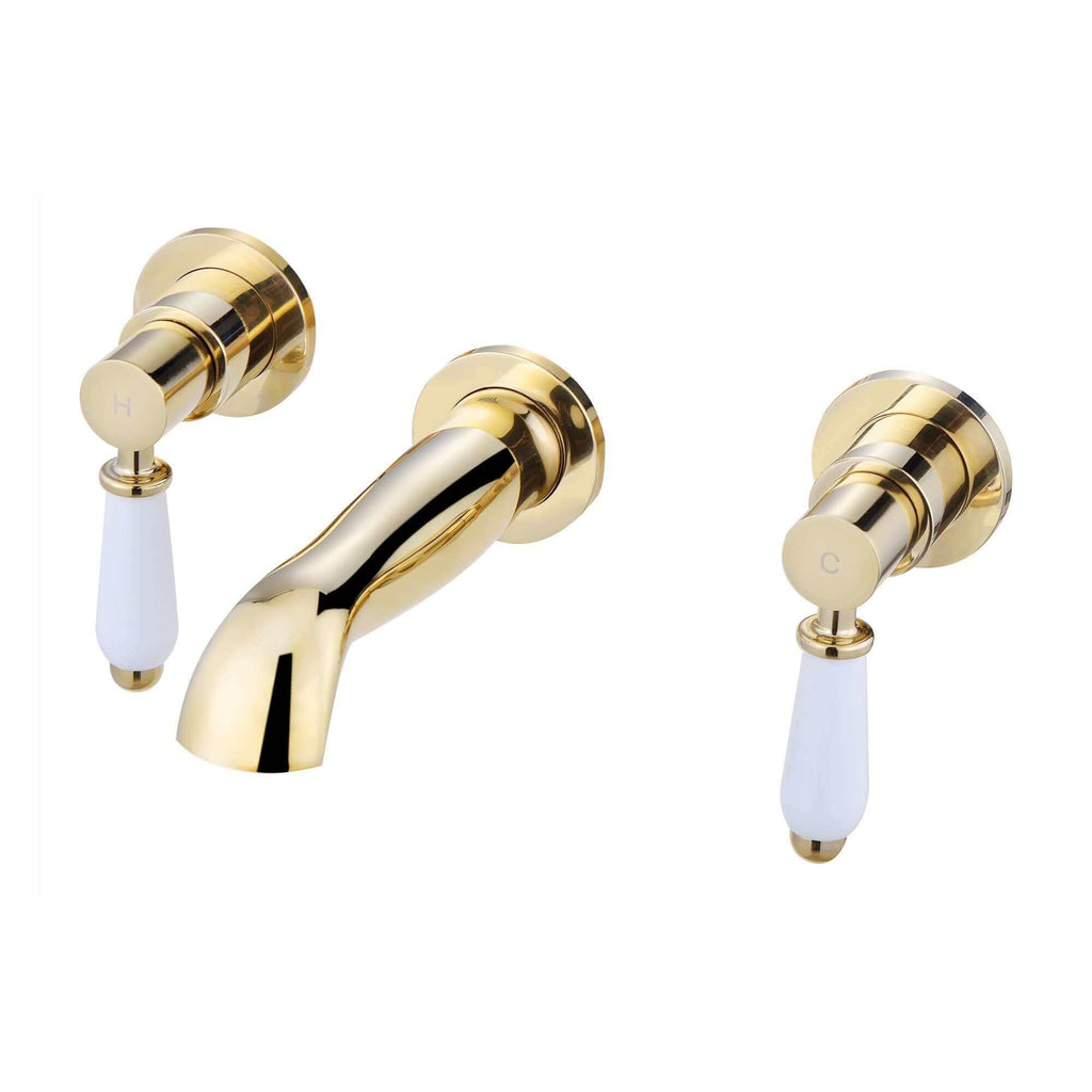 Downton wall-mount basin tap 3 hole with white ceramic levers - gold