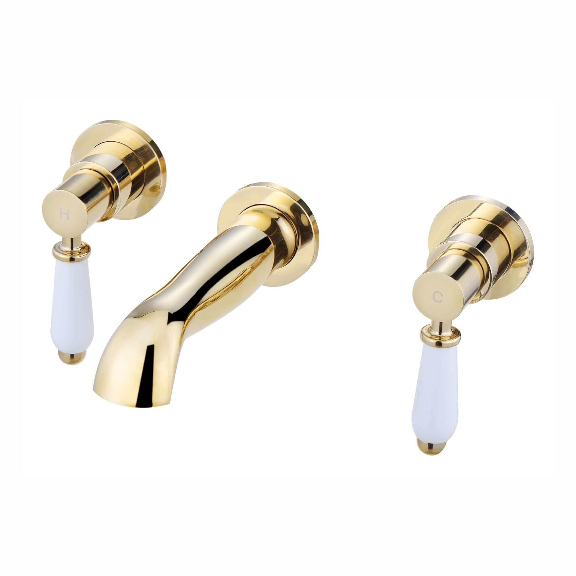 Downton wall-mount basin tap 3 hole with white ceramic levers - gold