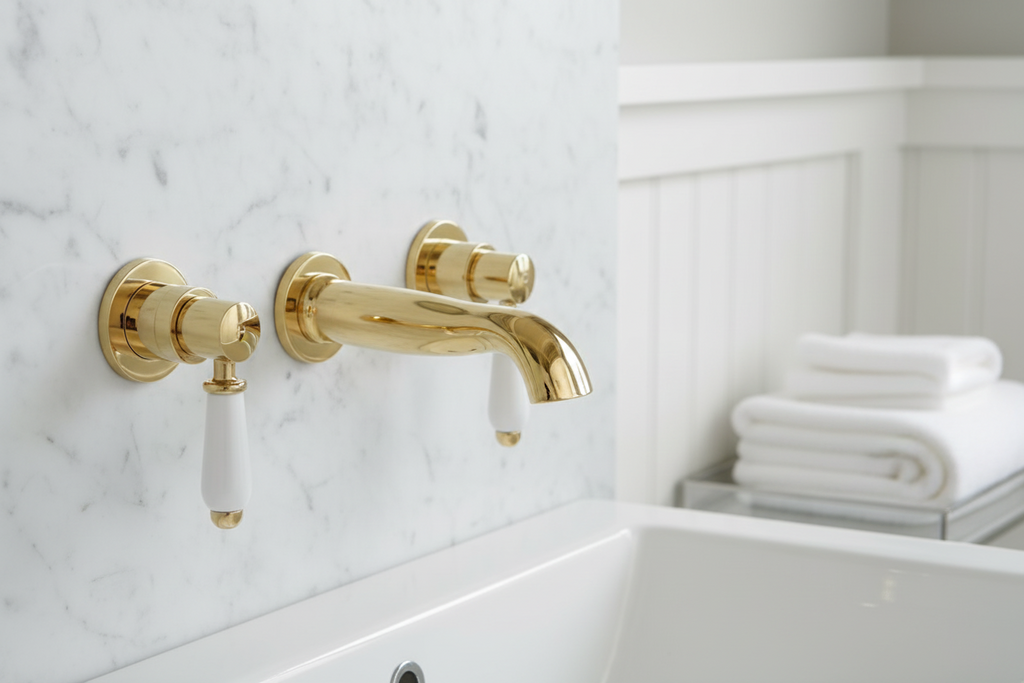 Downton wall-mount basin tap 3 hole with white ceramic levers - gold