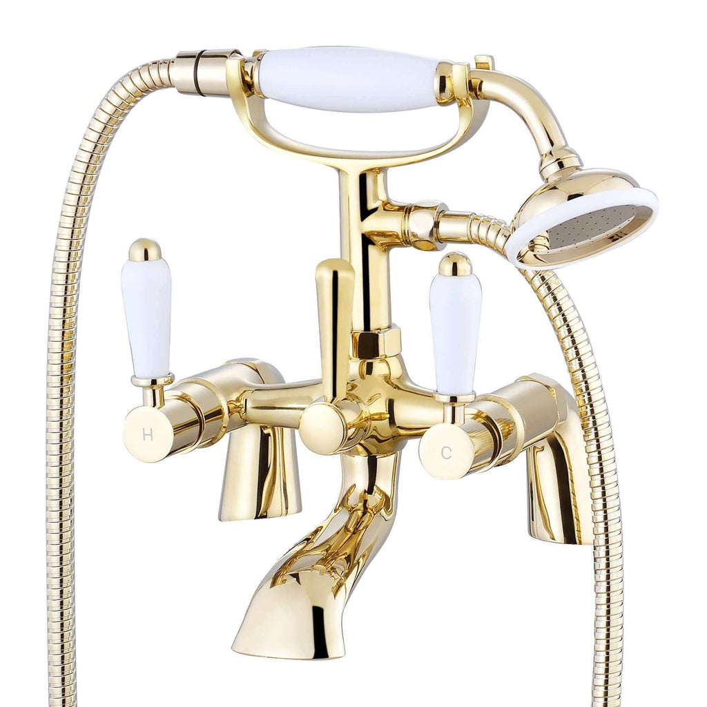 Downton bath shower mixer tap with white ceramic levers - gold