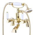 Downton bath shower mixer tap with white ceramic levers - gold