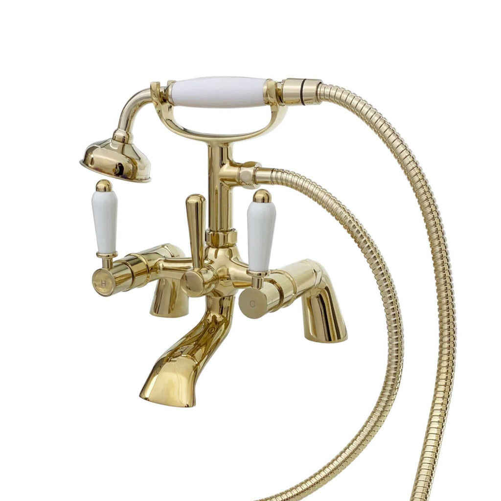 Downton bath shower mixer tap with white ceramic levers - gold