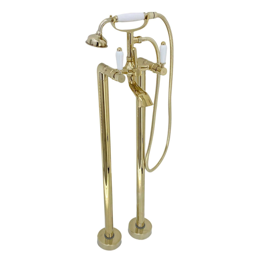 Downton floorstanding bath shower mixer tap with white ceramic levers - gold