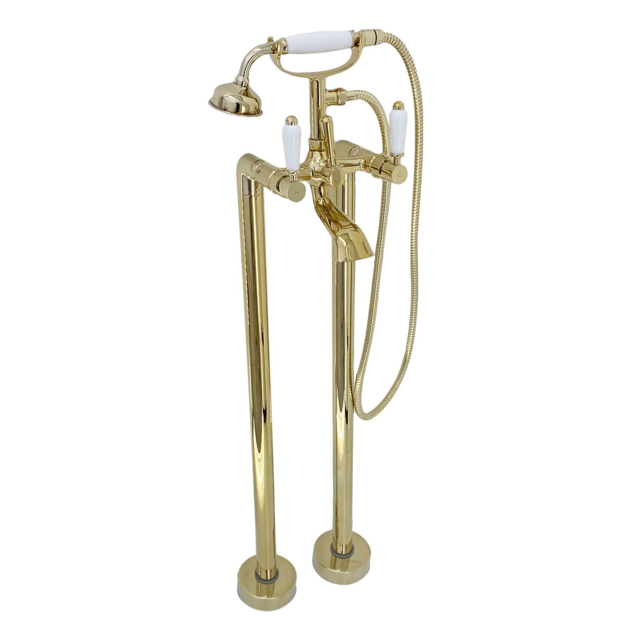 Downton floorstanding bath shower mixer tap with white ceramic levers - gold
