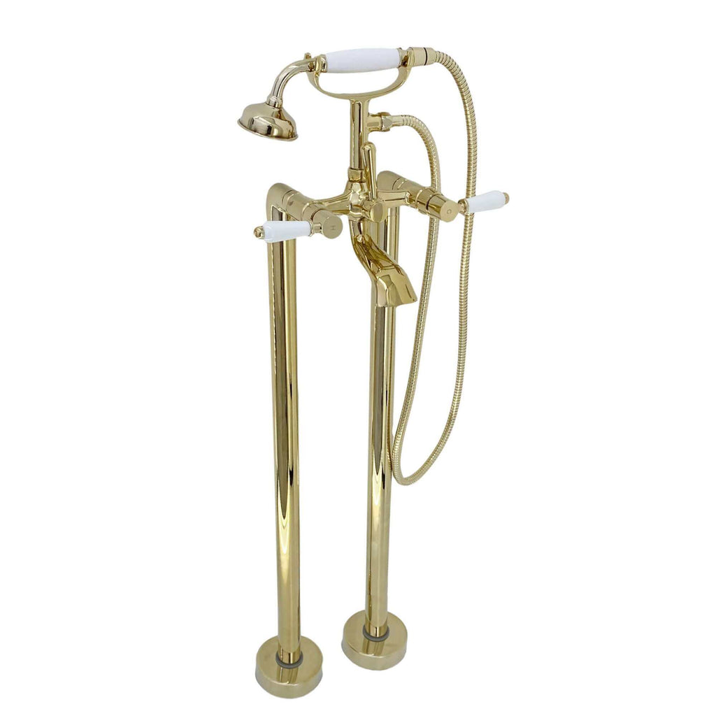 Downton floorstanding bath shower mixer tap with white ceramic levers - gold